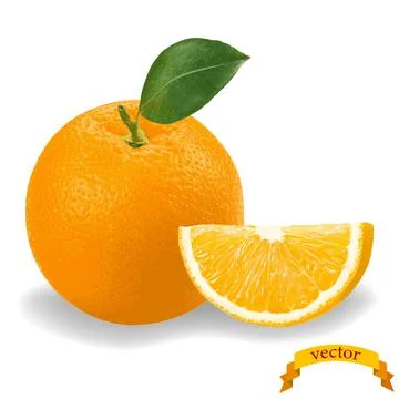 Realistic orange with leaf and slice. Stock Illustration