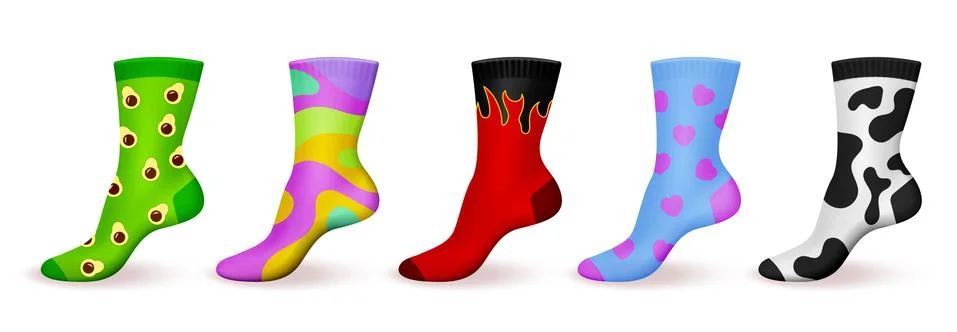 Realistic ornamented socks. Patterned colored design comfortable cotton foot Stock Illustration