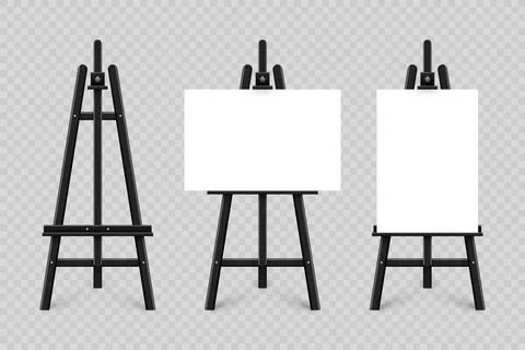 Realistic paint desk with blank white canvas. Wooden easel and a