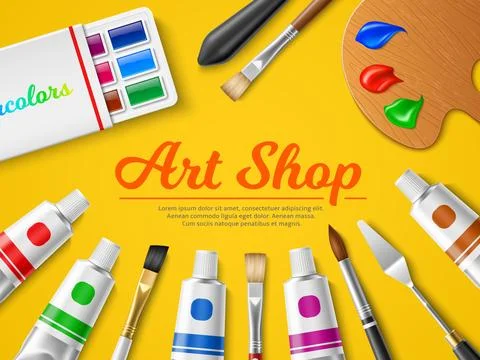Realistic painter tools. Artistic materials and accessories, hobby and creative Stock Illustration