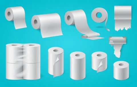Realistic paper roll set, kitchen towel, packaged toilet paper, cash tape Stock Illustration
