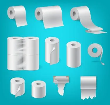 Realistic paper roll set, kitchen towel, packaged toilet paper, cash tape Stock Illustration