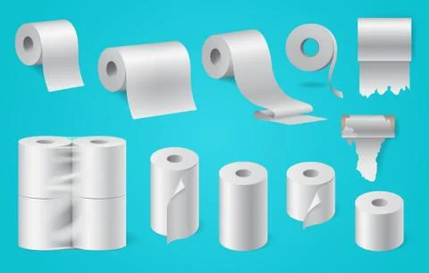 Realistic paper roll set, kitchen towel, packaged toilet paper, cash tape Stock Illustration