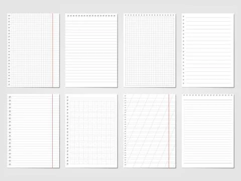 Realistic paper ruled, lined sheets. School pages copybook, isolated blank page Stock Illustration
