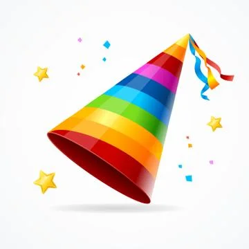Realistic Party Hat with a Rainbow Pattern. Vector Illustrazione stock