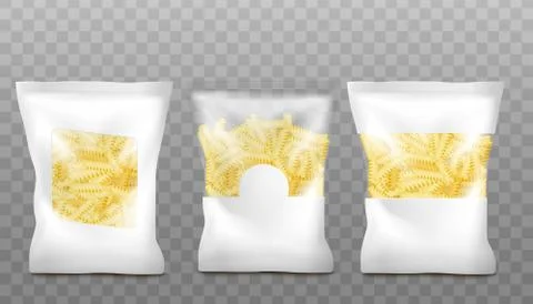 Realistic pasta package mockup set - white plastic bag with clear window Stock Illustration