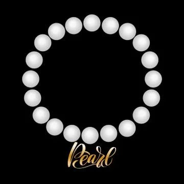 Realistic pearl beads on transparency background. Gold lettering Pearl. Stock Illustration