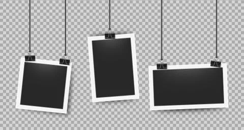 Realistic photo frames clipped on ropes. Retro 3D picture frame on white border 스톡 일러스트