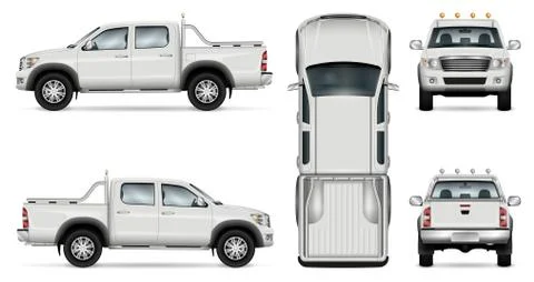 Realistic pickup vector template. Vehicle mockup side, front, back, top view Stock Illustration