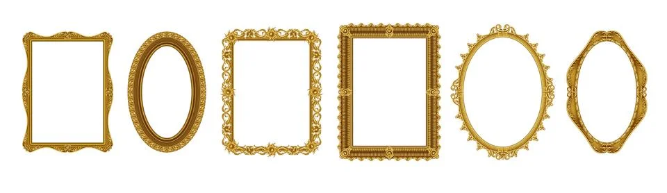 Realistic picture frames. Empty gold museum borders. Golden photo antique o.. 스톡 일러스트