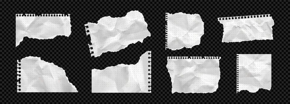 Realistic pieces of torn note paper. Set of white crumpled newspaper angle sheet Stock Illustration