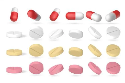 Realistic pill. 3D isometric flying drugs isolated on white, closeup of medical Stock Illustration