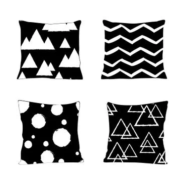 Realistic pillow models with different geometric prints and patterns in black Stock Illustration