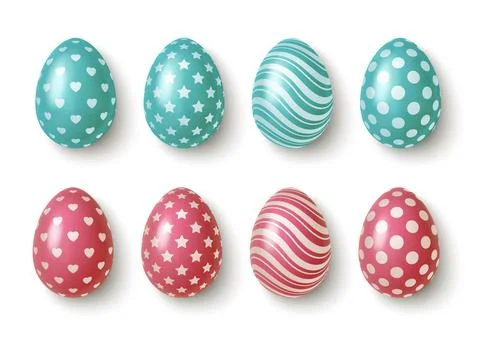 Realistic pink and blue easter eggs with geometric ornaments. Vector Stock Illustration