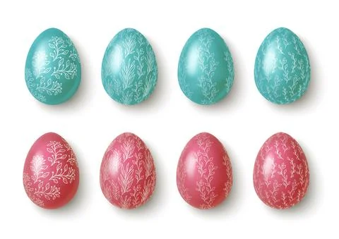 Realistic pink and blue easter eggs with flower ornaments. Vector Stock Illustration