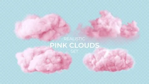 Realistic pink fluffy clouds set isolated on transparent background. Cloud sky Stock Illustration