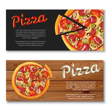 Realistic pizza flyer on wooden and black backgrounds. Stock Illustration