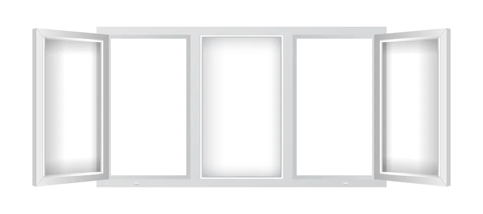 Realistic plastic window mockup template. Triple plastic window with open Ilustración de archivo