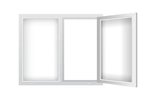 Realistic plastic window with open casement. Double plastic window mockup 스톡 일러스트