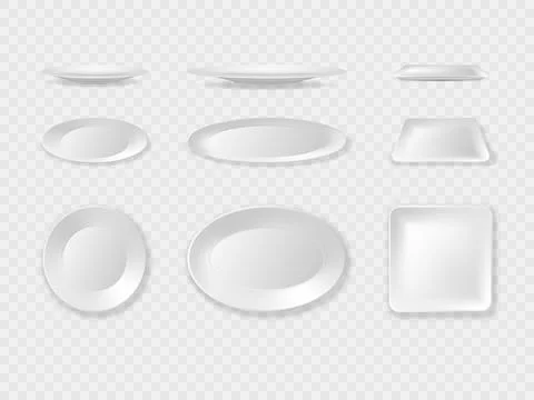 Realistic plate. Circle, oval and square clean dishes. White empty bowl. Table Stock Illustration