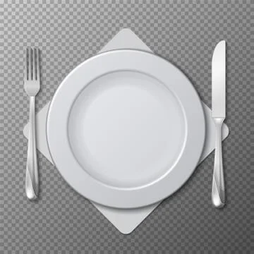 Realistic plate, cutlery vector. Table setting with white plate, fork and knife Stock Illustration