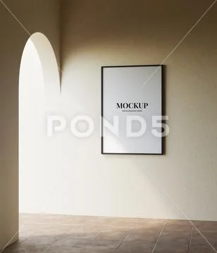 Realistic portrait dark wooden frame mockup poster on the beige wall on the.. PSD Template