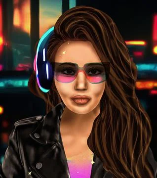 Realistic portrait of a sci-fi cyberpunk girl against the background of a night Stock Illustration