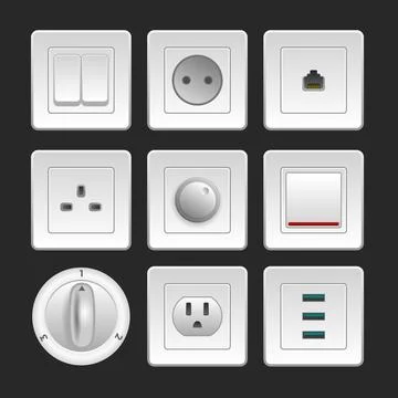 Realistic Power electric socket set collection with USB ports and switches,.. Illustrazione stock