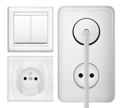 Realistic power socket, cable with plug and light switch. Vector illustration in 스톡 일러스트