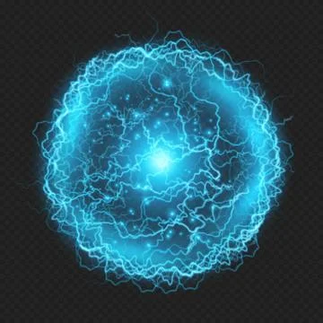 Realistic powerful electrical discharge lightning strike impact sphere effect on Ilustración de archivo