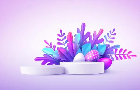 Realistic product podium with Easter eggs and fantastic tropical leaves. Product Stock Illustration