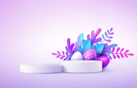 Realistic product podium with Easter eggs and fantastic tropical leaves. Product Illustrazione stock