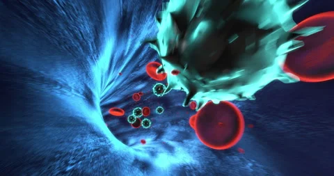 Realistic pumping heart inside x-ray chest zoom into vein with viruses. Stock Footage 320427878