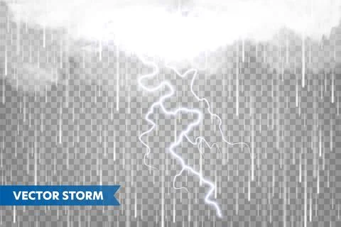 Realistic rain with clouds and lightning on transparent background. Thunderstorm Stock Illustration