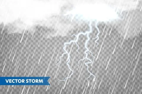 Realistic rain with clouds and lightning on transparent background. Thunderstorm Stock Illustration