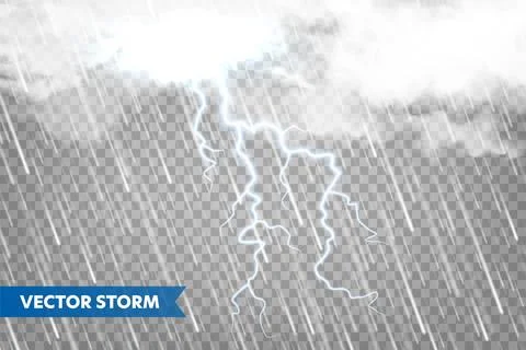 Realistic rain with clouds and lightning on transparent background. Thunderstorm Stock Illustration