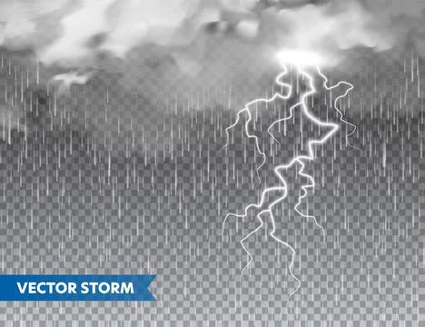 Realistic rain with clouds and lightning on transparent background. Thunderstorm Stock Illustration