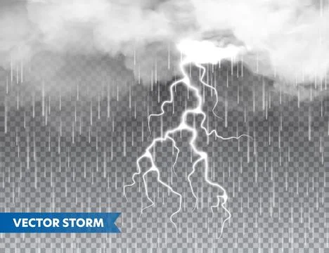 Realistic rain with clouds and lightning on transparent background. Thunderstorm Stock Illustration