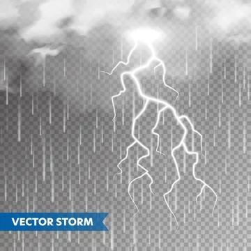 Realistic rain with clouds and lightning on transparent background. Thunderstorm Stock Illustration