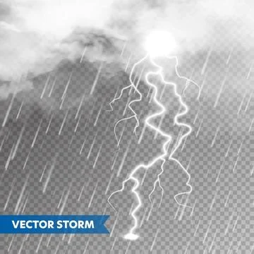 Realistic rain with clouds and lightning on transparent background. Thunderstorm Stock Illustration