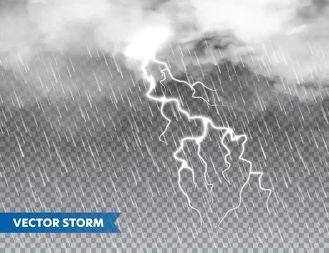 Realistic rain with clouds and lightning on transparent background. Thunderstorm Stock Illustration