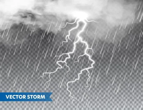 Realistic rain with clouds and lightning on transparent background. Thunderstorm Stock Illustration
