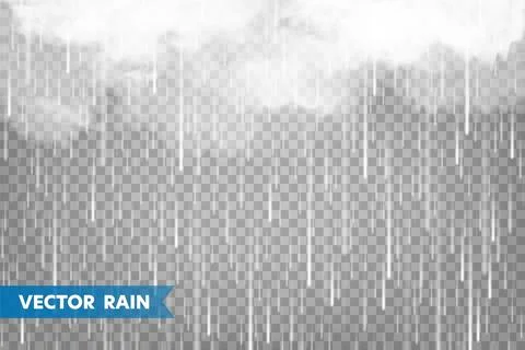 Realistic rain with clouds on transparent background. Rainfall, water drops Stock Illustration
