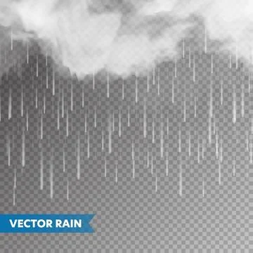 Realistic rain with clouds on transparent background. Rainfall, water drops Stock Illustration
