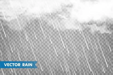Realistic rain with clouds on transparent background. Rainfall, water drops Stock Illustration