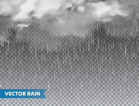 Realistic rain with clouds on transparent background. Rainfall, water drops Stock Illustration