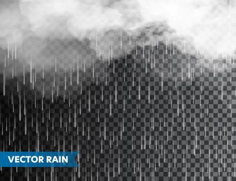 Realistic rain with clouds on transparent background. Rainfall, water drops イラスト素材