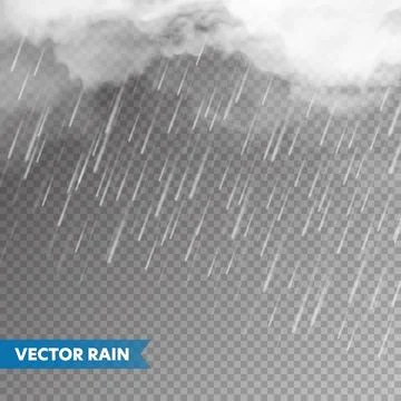 Realistic rain with clouds on transparent background. Rainfall, water drops Stock Illustration