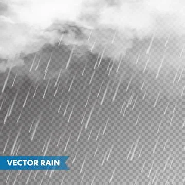 Realistic rain with clouds on transparent background. Rainfall, water drops Stock Illustration