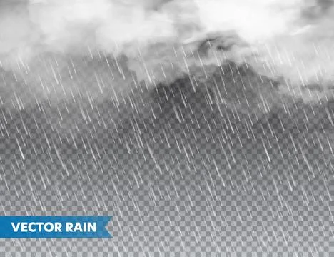 Realistic rain with clouds on transparent background. Rainfall, water drops Stock Illustration
